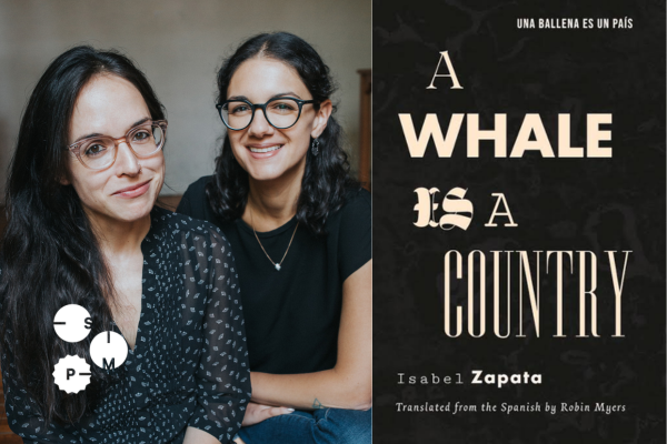 The winning poet and translator next to an image of their book cover