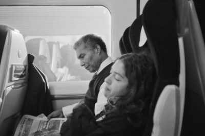 Corsino Fortes and tour interpreter Yasmina Raggad on a train to Oxford for his reading at The Camoes Institute.