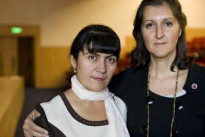 Farzaneh Khojandi and her translator, Narguess Farzad, during the interval of the Gala Raadings at the British Library.
